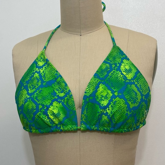 OP Blue and Green Snake Print String Halter Bikini Top - Picture 3 of 11